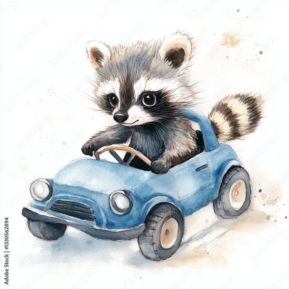 Obraz premium Cute racoon driving a toy car - watercolor illustration, children's book, bedroom decor 