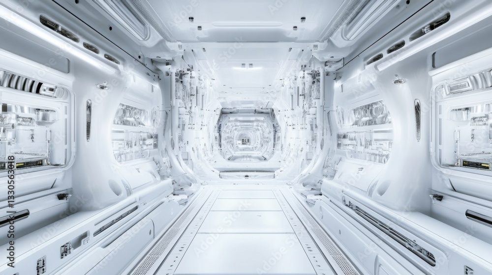 Obraz premium Futuristic Sci-Fi Space Interior with Bright White Walls and Lights
