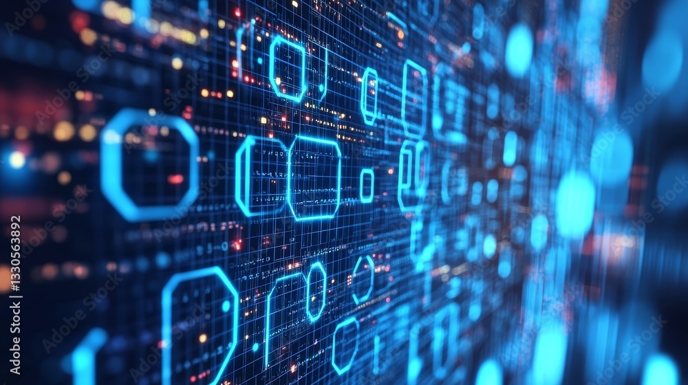 Fototapeta premium Cybersecurity protects computers and devices from online threats. Data analytics use data to find patterns and trends. Binary code, polygons, and particles make up the digital world.