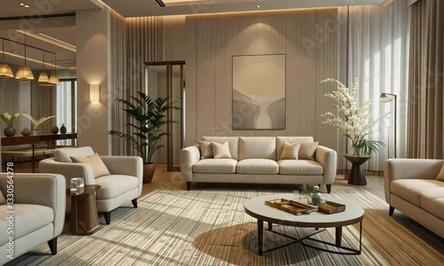 Modern elegant living room with a minimalist neutral palette, warm ambient lighting, cozy seating, and stylish contemporary decor elements. 