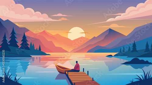 A serene lake with a single boat floating in the still water and a person sitting on the dock basking in the peaceful sunrise.. Vector illustration
