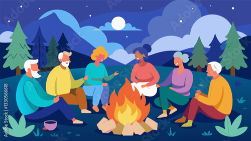 A group of seniors sitting around a campfire sharing stories and laughter as they bond with each other and the healing energy of the outdoors.. Vector illustration