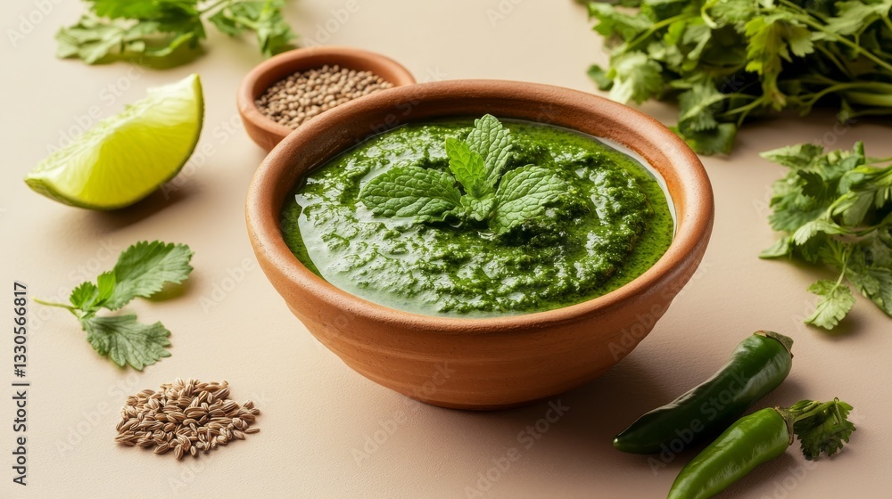 A ceramic bowl with mint and coriander chutney with a smooth and creamy texture. Sweet and sour chutney of Indian origin. A ceramic bowl with mint and coriander chutney with a smooth and creamy texture. Sweet and sour chutney of Indian origin.
