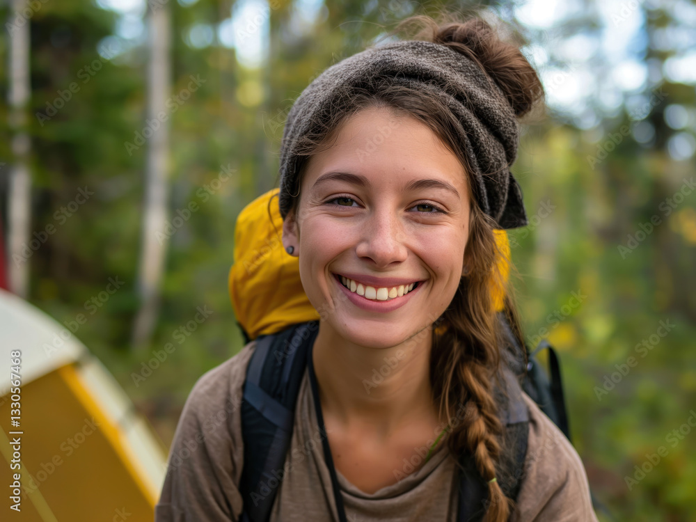 Beautiful happy woman smiling and hiking, copy space on forest and tent background Beautiful happy woman smiling and hiking, copy space on forest and tent background