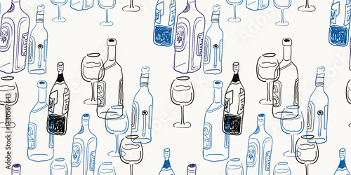 Seamless pattern bottles and glass with in hand drawn style.Element for decoration design mail posts postcards poster print invitation background backdrop wrapping wallpaper banner textile