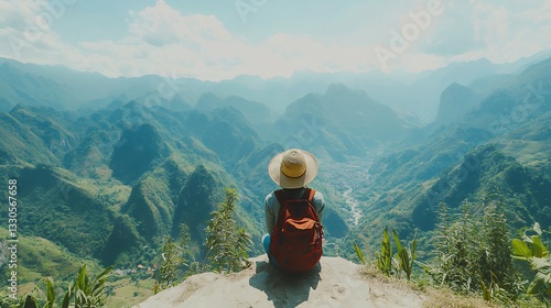 Woman with backpack enjoying scenic mountain view from a cliff edge