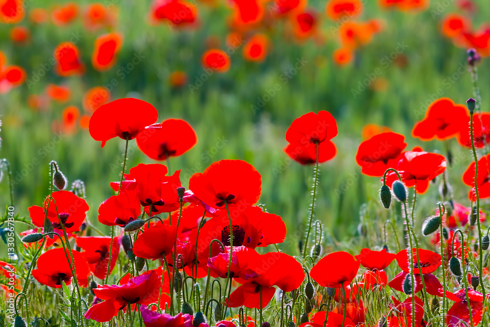 Fototapeta premium closeup spring prairie with red poppy flowers, beautiful seasonal natural background