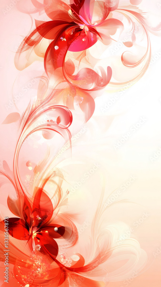 Vibrant red fractal pattern swirling vertically with luminous ornamental shapes against soft orange-white gradient backdrop Vibrant red fractal pattern swirling vertically with luminous ornamental shapes against soft orange-white gradient backdrop