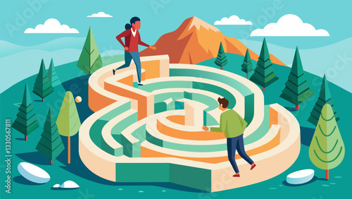 A the guides her client through a labyrinth using the winding paths and natural surroundings as a metaphor for the journey of selfdiscovery.. Vector illustration