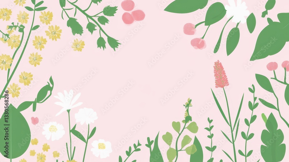 Pastel Floral Frame: A Delicate Springtime Botanical Illustration