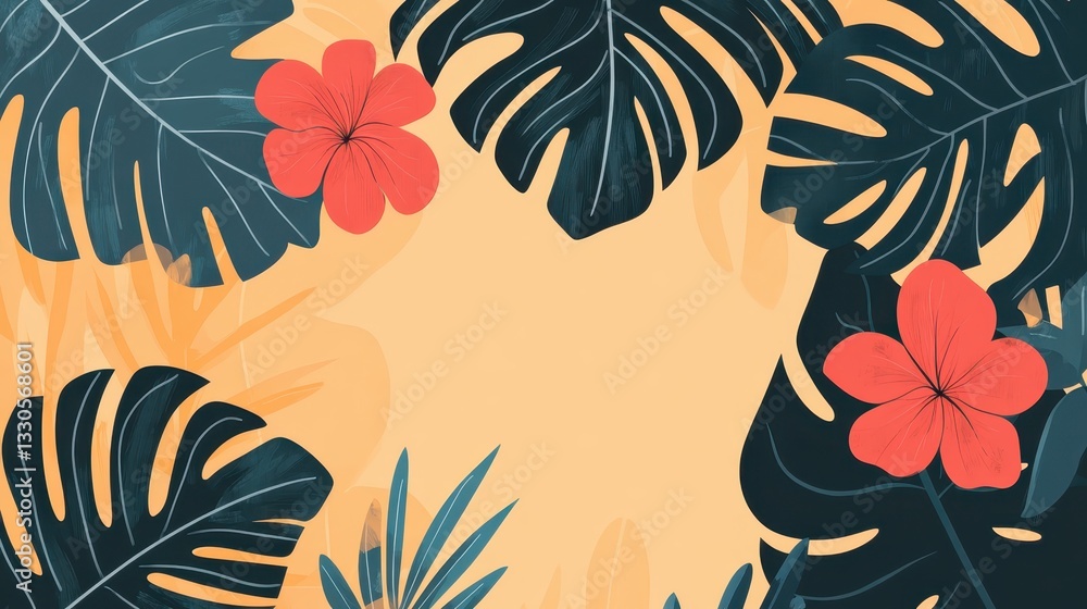 Vibrant Tropical Paradise: A Summery Floral and Leaf Design