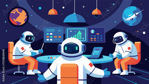 Astronauts in a weightless environment floating amidst screens and monitors as they analyze realtime data from a spacewalk.. Vector illustration