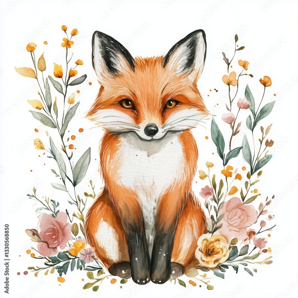 Fototapeta premium Cute watercolor fox illustration with floral elements