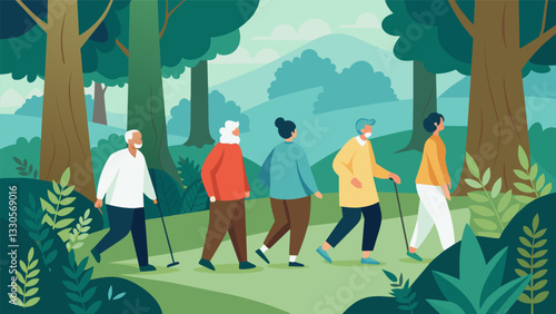 A group of seniors practicing shinrinyoku or forest slowly walking through a forest with their senses open to the healing energy of the natural surroundings.. Vector illustration