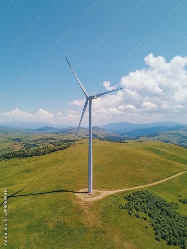 A single wind turbine standing tall in a lush green field, ideal for environmental and renewable energy concepts