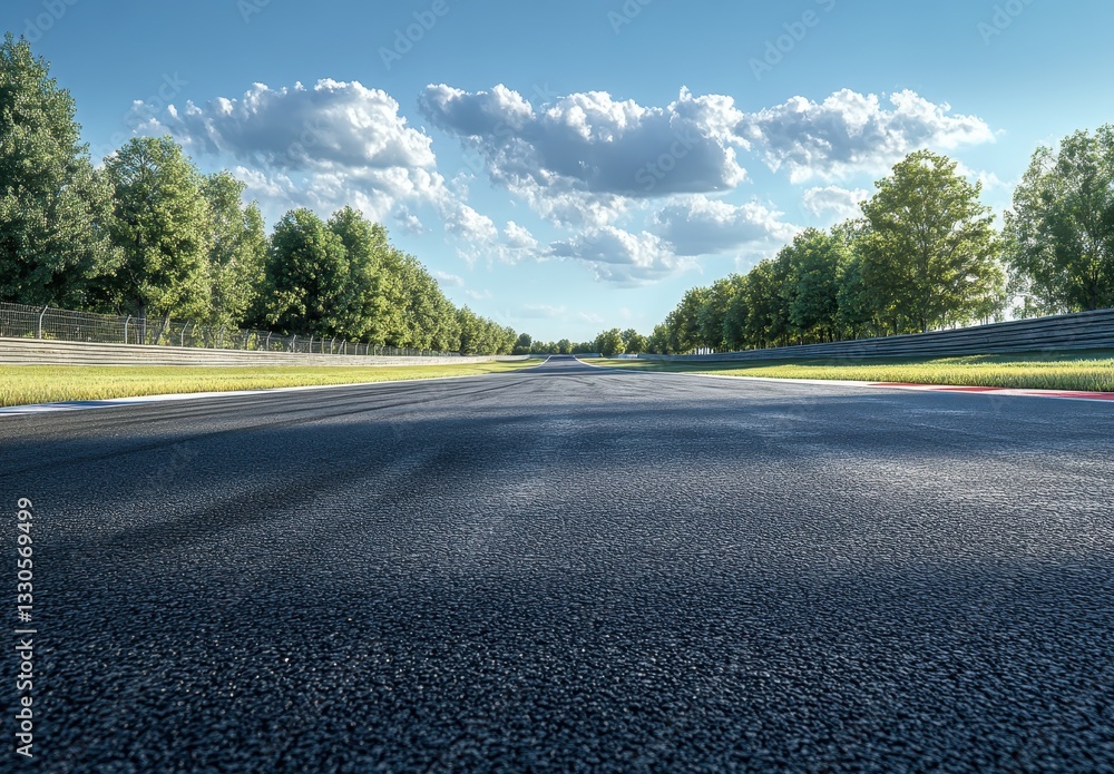 A Scenic View of an Empty Racing Track Surrounded by Green Trees Under a Blue Sky with Fluffy Clouds in a Bright Daylight Setting A Scenic View of an Empty Racing Track Surrounded by Green Trees Under a Blue Sky with Fluffy Clouds in a Bright Daylight Setting