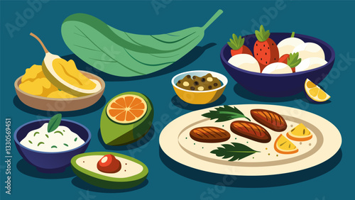 An impressive selection of Mediterranean bites including tender grilled halloumi stuffed g leaves and creamy smoky eggplant dip.. Vector illustration
