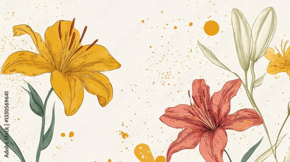 Elegant Lilies: A Botanical Illustration of Yellow and Coral Lilies