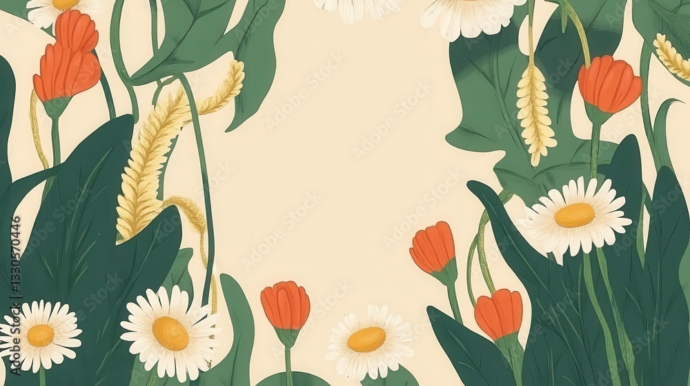 Floral Summer Meadow Illustration: A Delightful Display of Daisies and Poppies