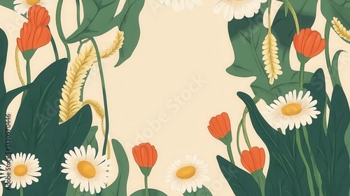 Obraz na płótnie Floral Summer Meadow Illustration: A Delightful Display of Daisies and Poppies w salonie