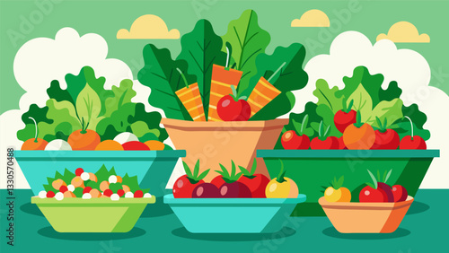 An array of fresh salads bursting with farmtotable ingredients like vibrant greens juicy tomatoes and crunchy radishes straight from the farm.. Vector illustration