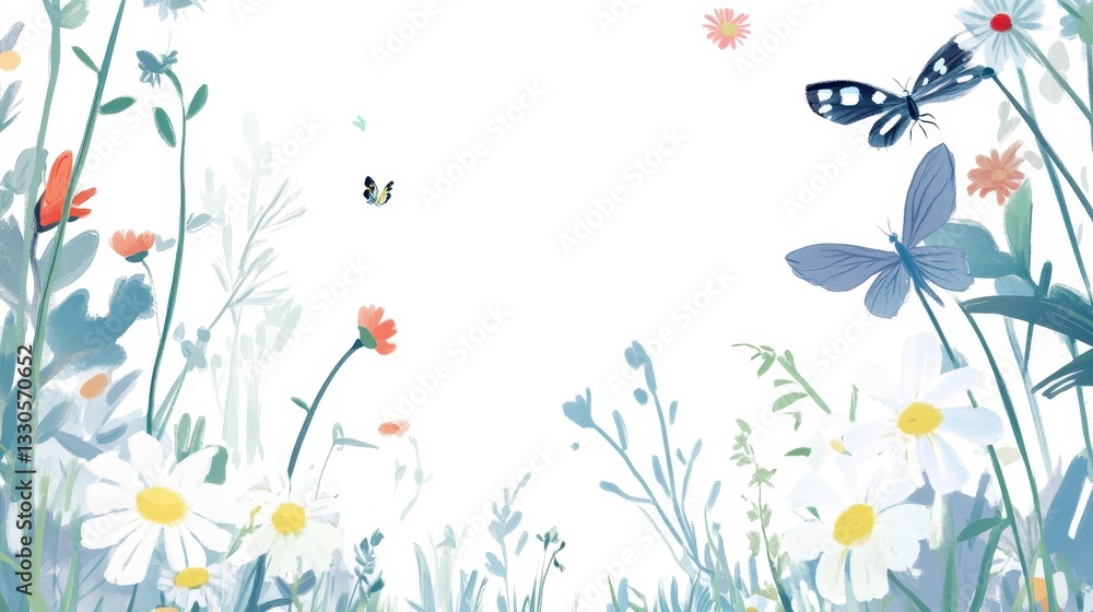 Serene Meadow: A Watercolor Impression of Springtime Blooms and Butterflies