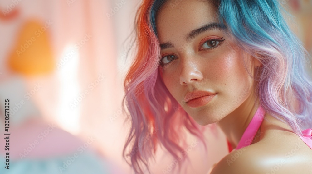Woman with unique hair colors sitting in a bedroom, ideal for fantasy or futuristic concept illustrations Woman with unique hair colors sitting in a bedroom, ideal for fantasy or futuristic concept illustrations