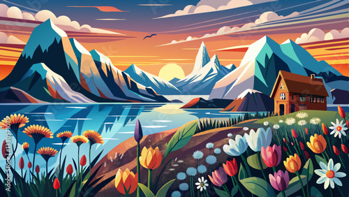 Wallpaper norway landscape nature of the mountains of Spitsbergen Longyearbyen Svalbard on a flowers polar day with arctic summer in the sunset