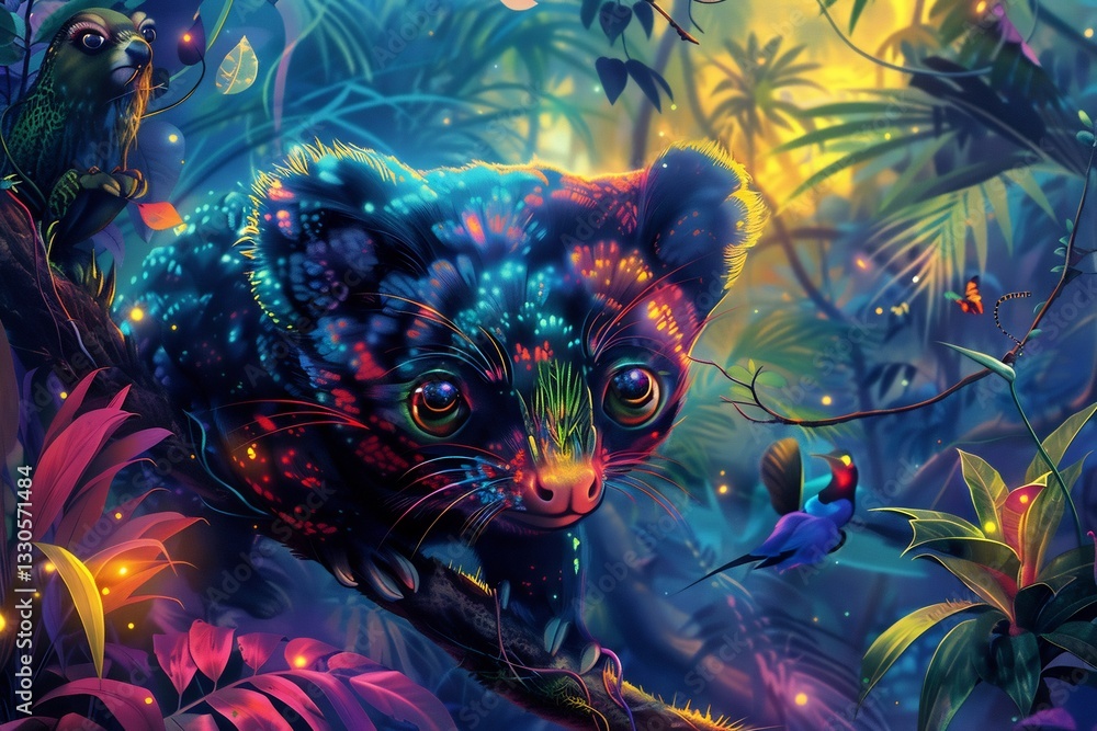 Colorful digital painting of a Sulawesi Bear Cuscus interacting with other rainforest animals in a tropical jungle with vibrant flora and fauna and a soft glowing light effect Colorful digital painting of a Sulawesi Bear Cuscus interacting with other rainforest animals in a tropical jungle with vibrant flora and fauna and a soft glowing light effect