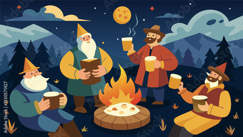 Around a crackling bonfire a group of peasants toasted chunks of bread on sticks and paired them with pungent cheese and warm mugs of ale their. Vector illustration