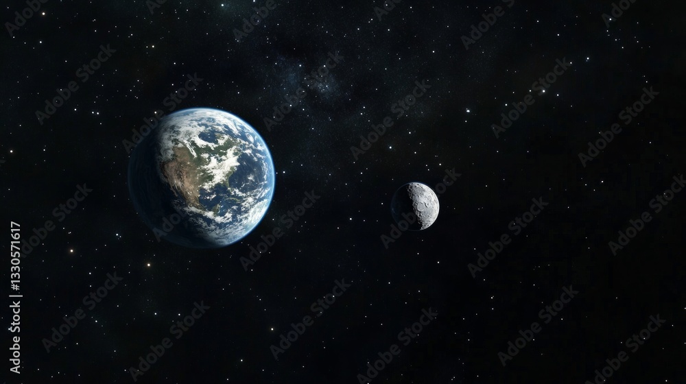 Fototapeta premium In the vastness of space, our planet Earth orbits alongside its celestial companion, the Moon.