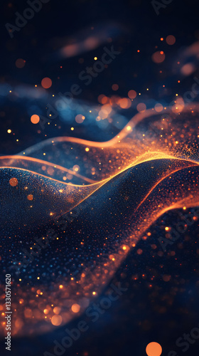 Abstract background with glowing particles forming wavy lines and bokeh effect, ideal for technology, science, and innovation themes