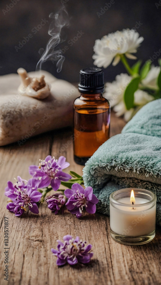 Spa setup with essential oils and delicate flowers for relaxation. Spa setup with essential oils and delicate flowers for relaxation.