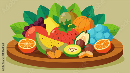 A vibrant display of natures goodness featuring a medley of juicy fruits and wholesome nuts on a rustic wooden platter.. Vector illustration