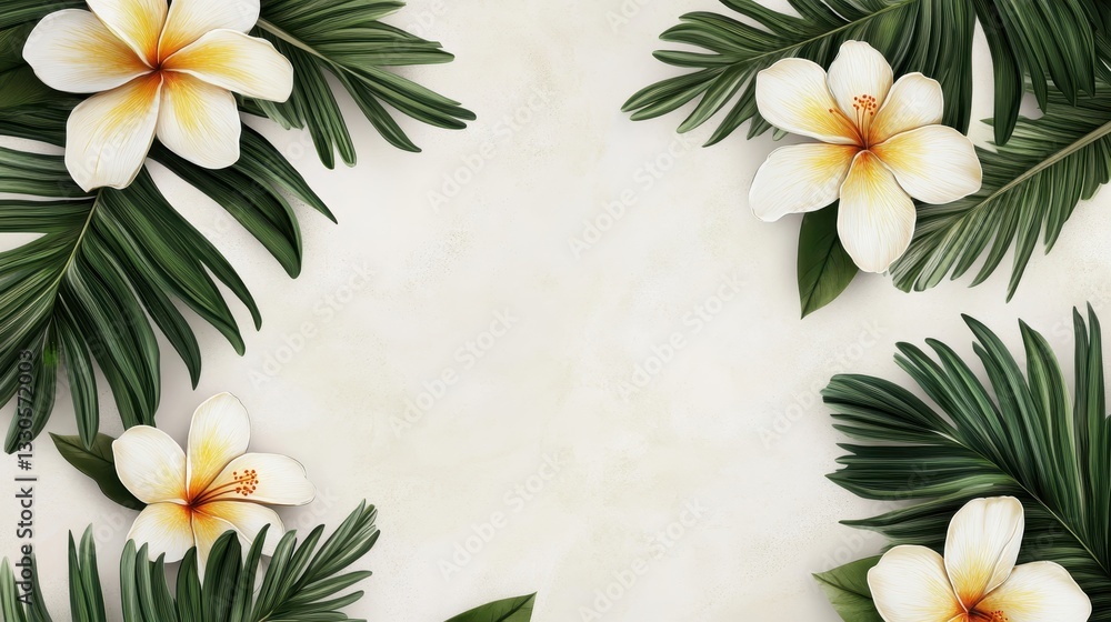 Tropical Paradise: A Stunning Floral Frame of Plumeria and Lush Palm Leaves
