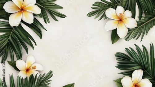 Obraz na płótnie Tropical Paradise: A Stunning Floral Frame of Plumeria and Lush Palm Leaves w salonie