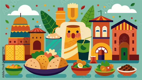 The rich and diverse flavors of traditional Mexican dishes such as mole and tamales can be found at every corner of the bustling street food festival.. Vector illustration