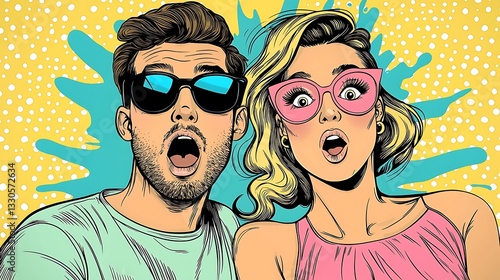 Couple stunned, surprised, bright pop art backdrop