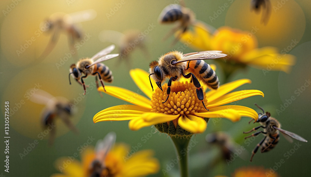 Macro shot of bee pollinating flower surrounded by insects and plants highlighting pollinators' importance Macro shot of bee pollinating flower surrounded by insects and plants highlighting pollinators' importance