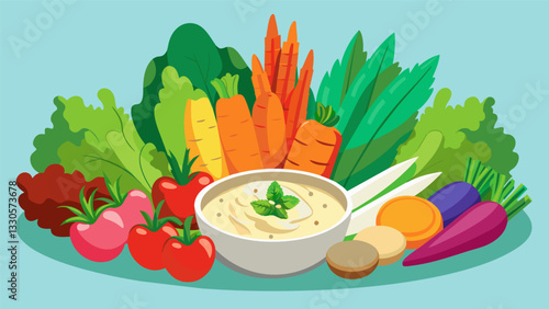 A vibrant and appetizing array of raw veggies perfect for dipping into a creamy herb dip.. Vector illustration