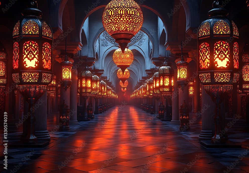 Fototapeta premium Dimly Lit Corridor with Ornate Lanterns and Intricate Tile Patterns