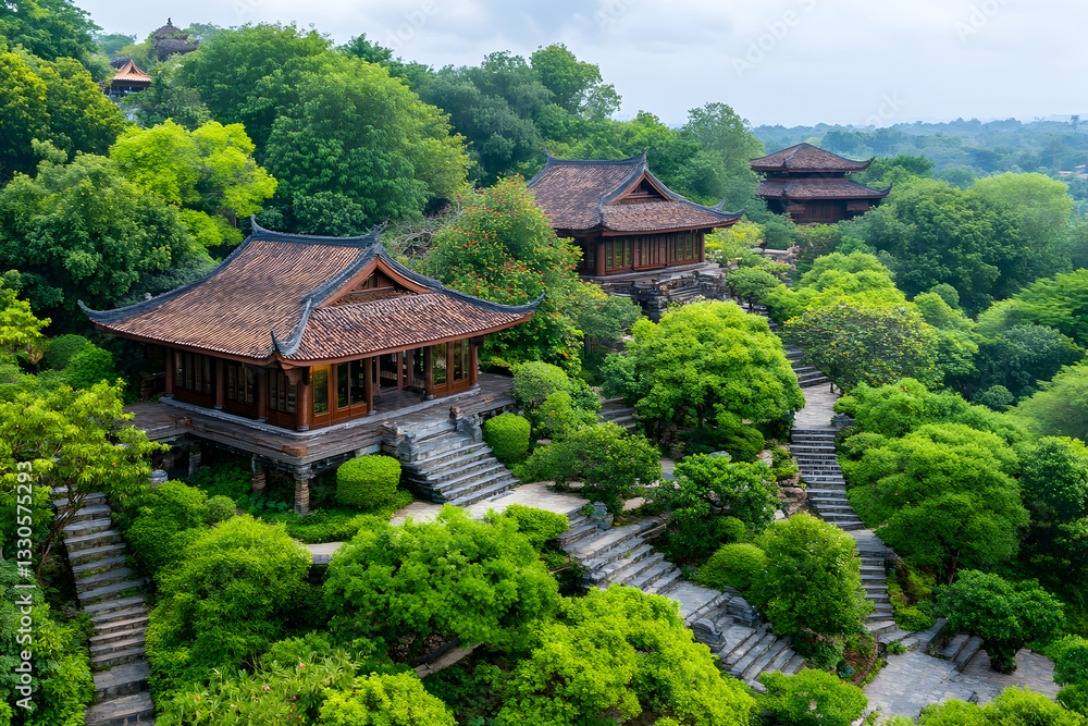 Lush Asian garden with traditional wooden pavilions and stone stairs Lush Asian garden with traditional wooden pavilions and stone stairs
