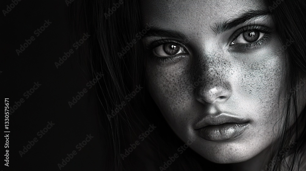 Fototapeta premium High Contrast Black and White Portrait Featuring Freckles and Depth