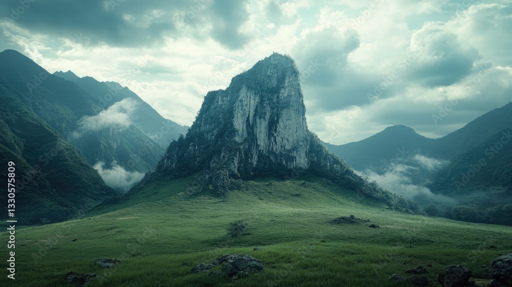 Mountain landscape with a green grassy field at the foot, perfect for outdoor scenes or nature-inspired designs Mountain landscape with a green grassy field at the foot, perfect for outdoor scenes or nature-inspired designs
