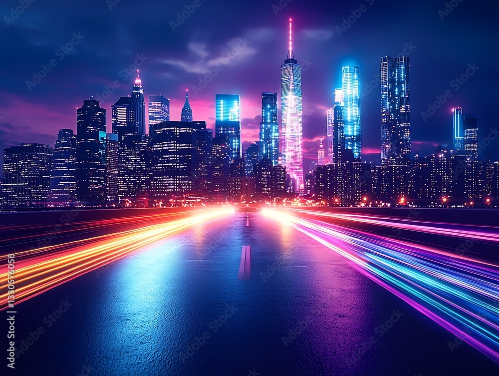 Fototapeta premium Cityscape Night, Light Streaks, Urban Background