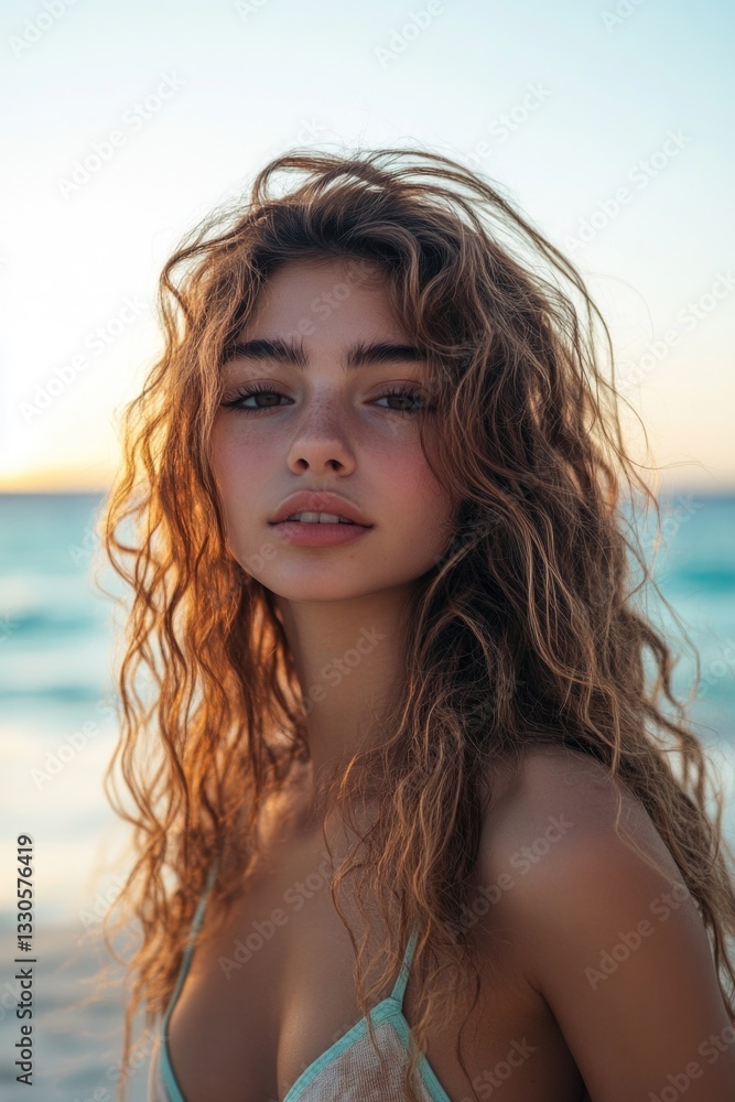 A young woman stands alone on the top of a sandy beach, looking out at the vast ocean A young woman stands alone on the top of a sandy beach, looking out at the vast ocean