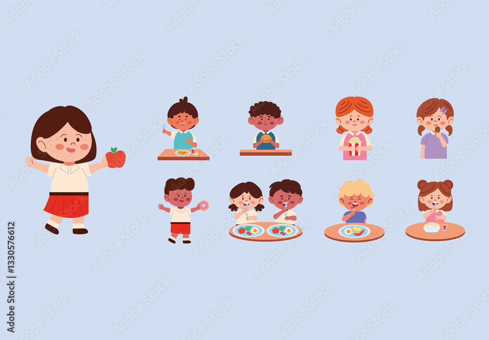 Student Eating Visual Colorful Student Eating Healthy Food Illustration Set Stock Template ...