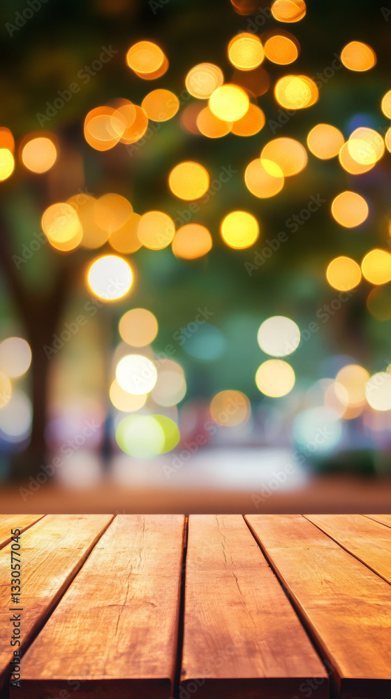 Wooden table surface with defocused urban nightscape, ready for product mockup presentation Wooden table surface with defocused urban nightscape, ready for product mockup presentation