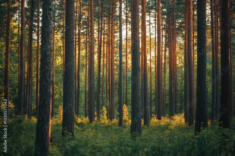 Obraz premium A dense forest with numerous tall trees, suitable for outdoor or nature-themed projects