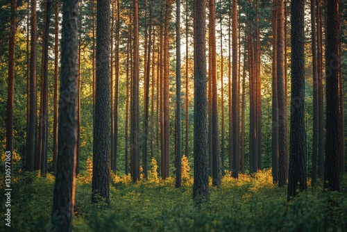 A dense forest with numerous tall trees, suitable for outdoor or nature-themed projects
